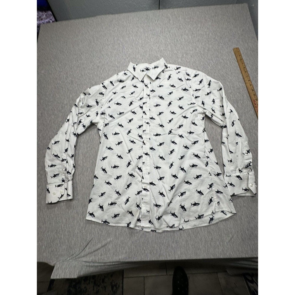 Nicole Miller Studio Men Size L White Shark Pattern Slim Fit Casual Shirt‎